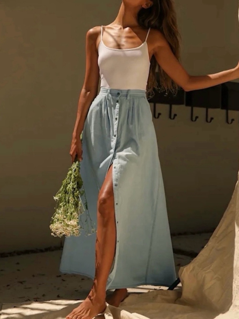 Pistola Baez Chambray Maxi Skirt Light Wash Button Front Coastal Boho 
Size XS